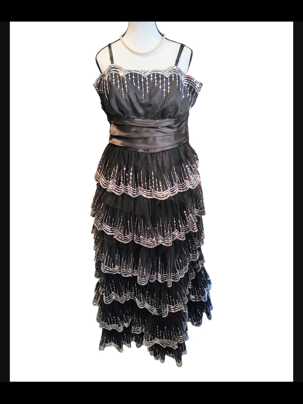 Masquerade Black Tiered Beaded Midi Dress